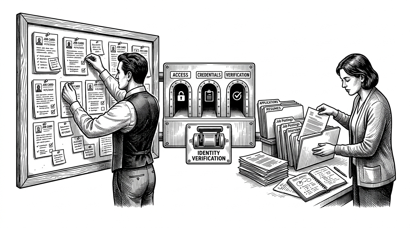 A wide editorial scene of a recruiter and a candidate working on opposite sides of the same marketplace. A central control panel stands between them, suggesting that identity and permissions, not the job cards themselves, are what organize the product. The image explains Hirred as a two-sided system with one shared access layer.