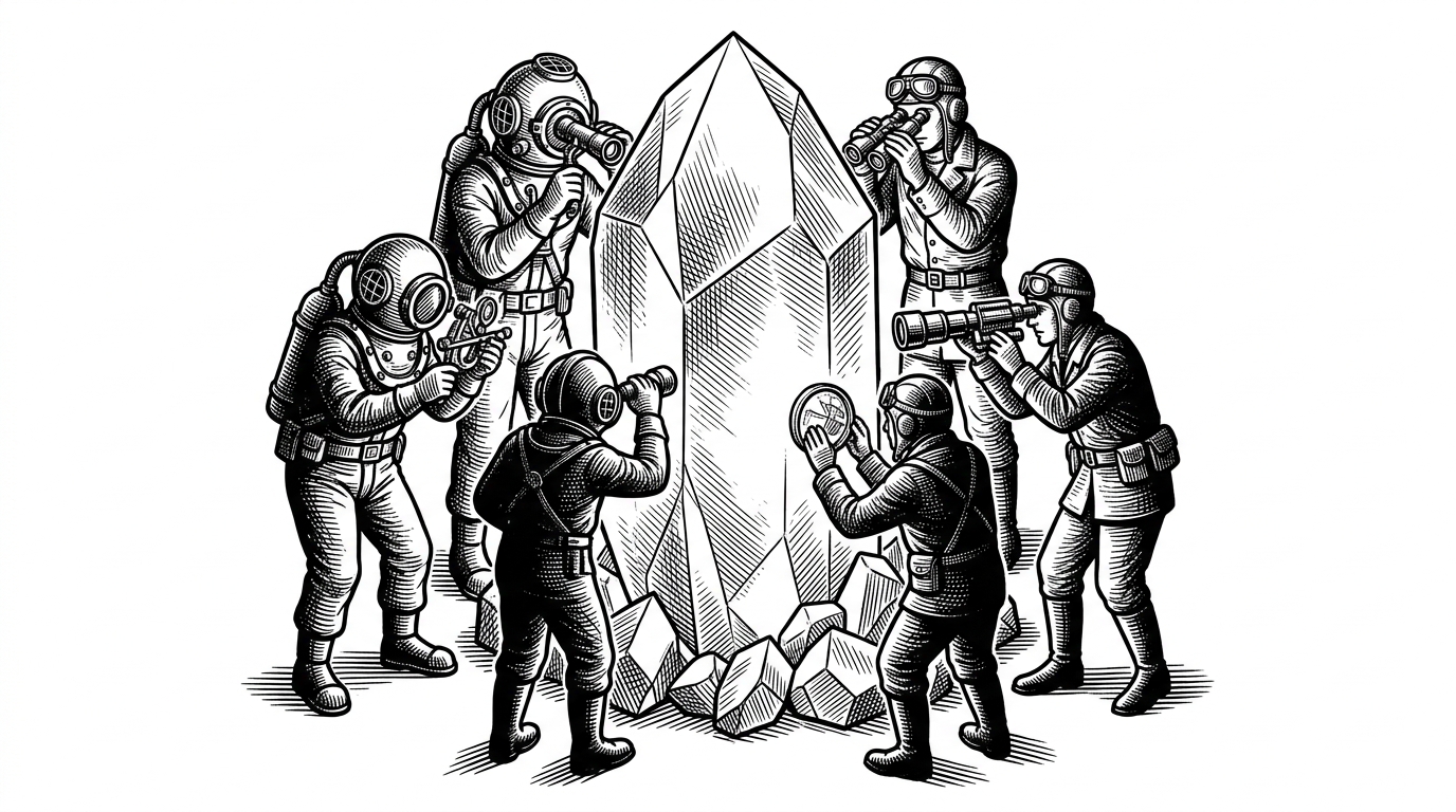 A massive crystalline monolith surrounded by eight shadow figures in vintage gear, each examining a different facet of the crystal. This represents the eight distinct attacker personas analyzing a single smart contract.
