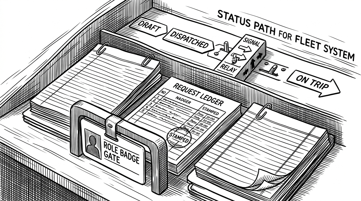 A close-up of layered locks surrounds a status relay: a role badge gate, a request ledger, and an audit notebook sit in front of a status path moving from Draft to Dispatched to On Trip. The image explains that TRANSITOPS protects state before it propagates.