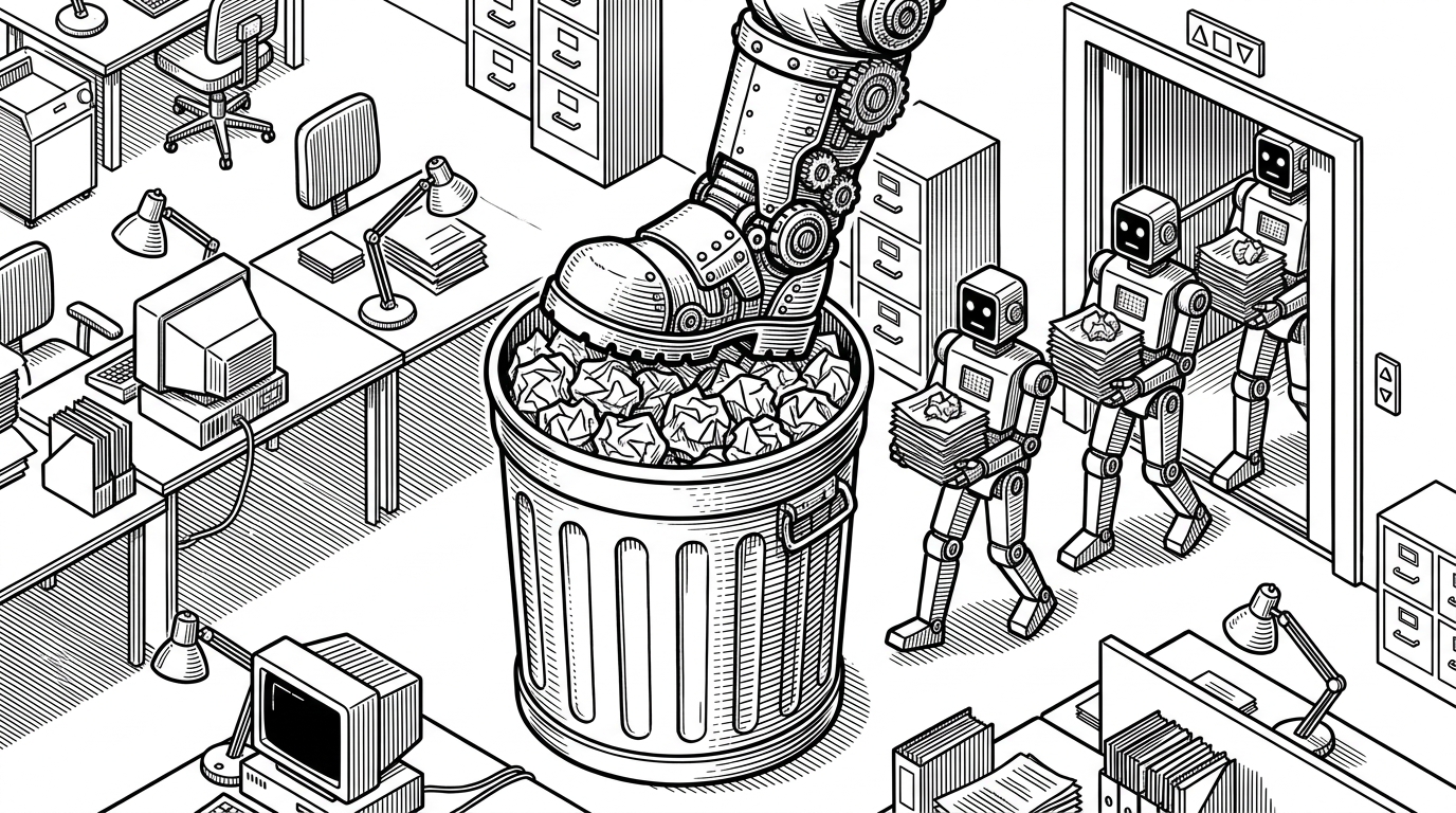 A retro-futuristic isometric 2D office scene in black and white crosshatching. A mechanical boot stomps down overflowing crumpled paper in a massive metal trashcan, while identical robot workers step out of an elevator.