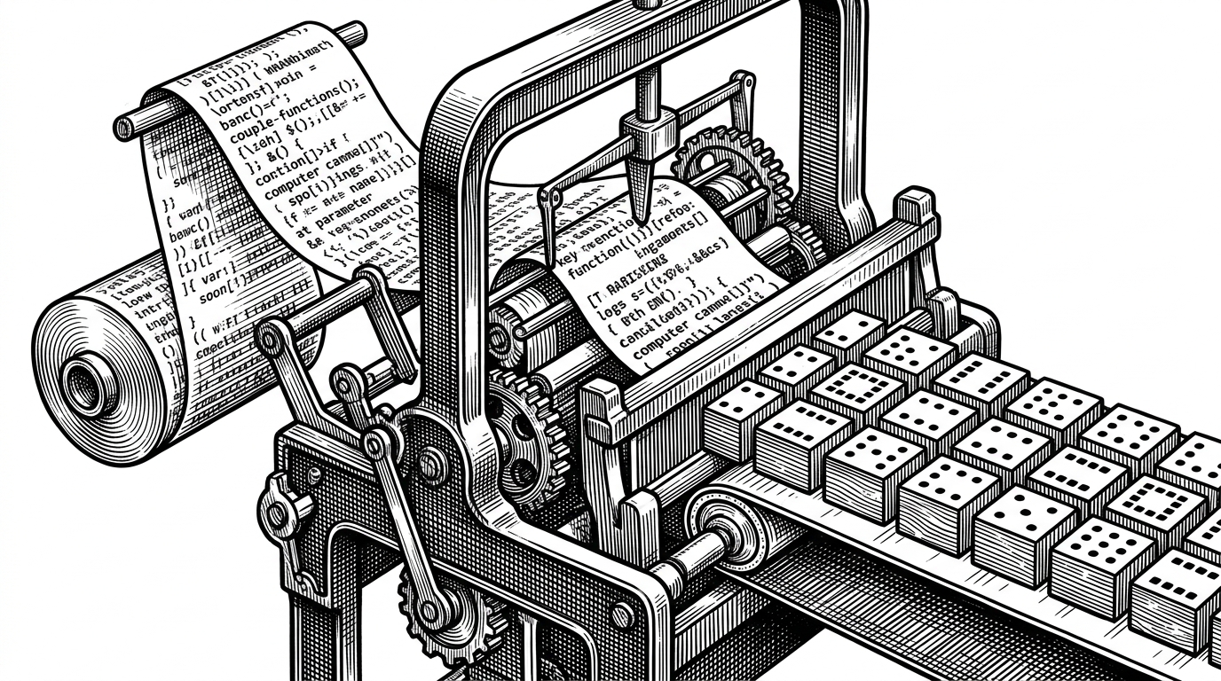 A close-up of a heavy industrial loom fed by a continuous paper ticker tape covered in raw monospace code. The mechanical arms perfectly organize the chaotic tape into a neat grid of physical wooden blocks on a conveyor belt.