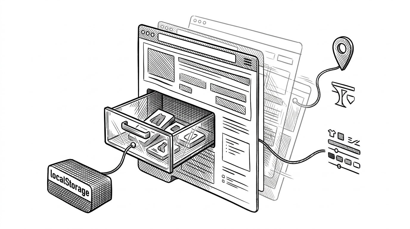 A transparent cart drawer attached to a browser frame, with layered page sheets behind it to show refreshes happening around persistent items. Thin connecting lines tie the drawer to localStorage and to the rest of the storefront logic.