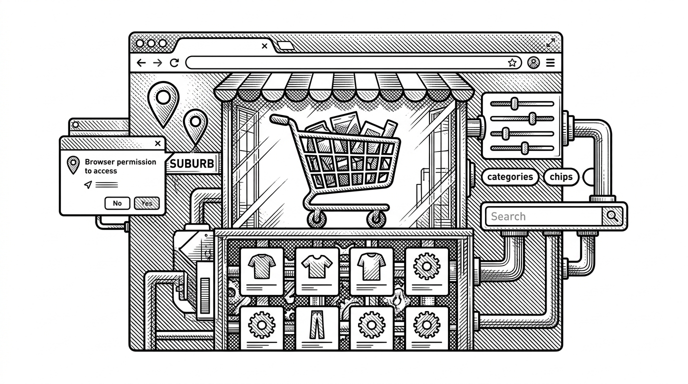 A browser window drawn like a retail control room, with filters, a product grid, a cart, and a location pin all flowing through the same frame. It explains how NexCart treats the browser as the place where storefront state lives.