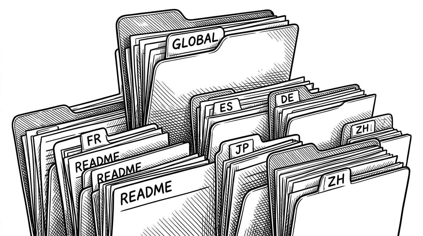 A close editorial scene of stacked language-specific README cards feeding into separate subscription folders, with one central global folder above them. The image explains how localization changes a raw data repository into a set of tailored entry points for different readers.