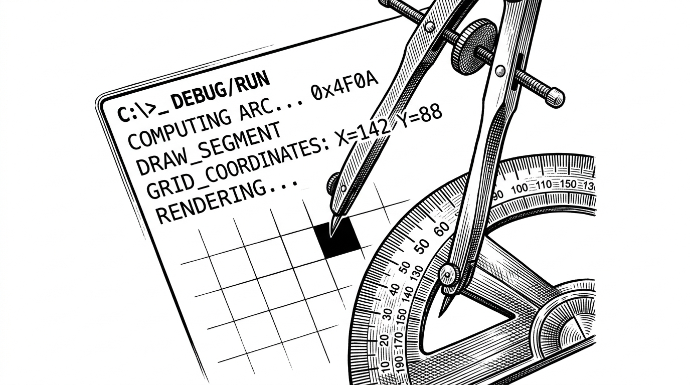 A close-up of a drafting compass and a brass protractor laid directly over a glowing terminal screen displaying command-line text. The sharp metal point of the compass rests precisely on a cursor block.