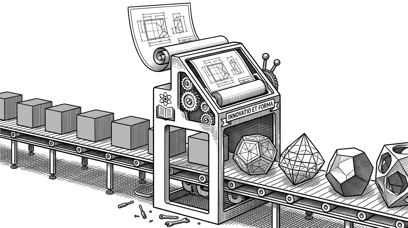 A wide shot of a mechanical assembly line stamping out identical, perfectly square gray boxes. A precise architectural blueprint is fed into the main control terminal, transforming the output into elegant, varied geometric shapes.
