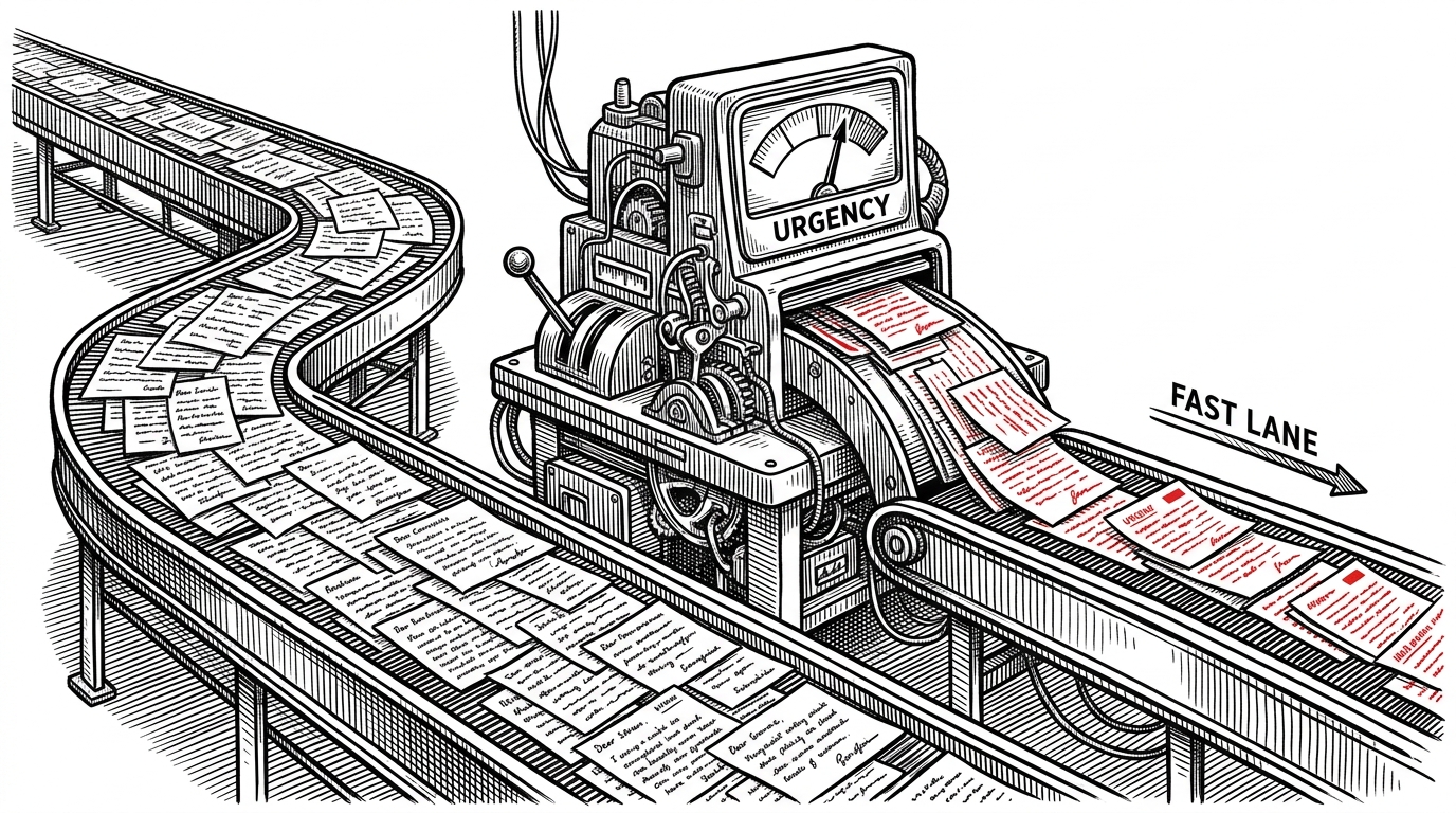 A long conveyor belt carries handwritten railway complaint slips into a sorting room where a central triage desk separates urgent cases from routine ones. The scene explains the project’s core idea: complaints are not just collected, they are ranked so the most serious issues move first.