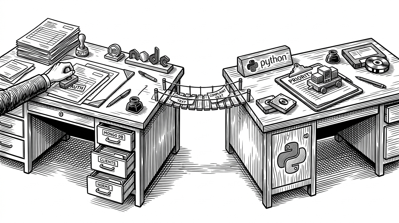 Two linked workbenches show the project’s split architecture. On the left, a Node.js desk manages forms, authentication stamps, and MongoDB drawers. On the right, a Python bench runs a compact model that writes a priority score onto a clipboard. A narrow bridge carries complaint text between them.
