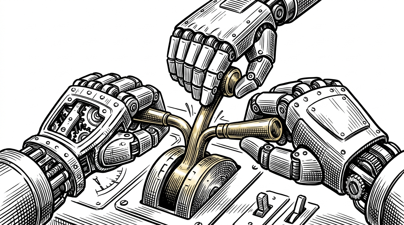 Three rigid mechanical hands attempting to grab the exact same brass lever simultaneously, bending the lever under their competing pressure. This represents lock contention and OS scheduler bottlenecks.
