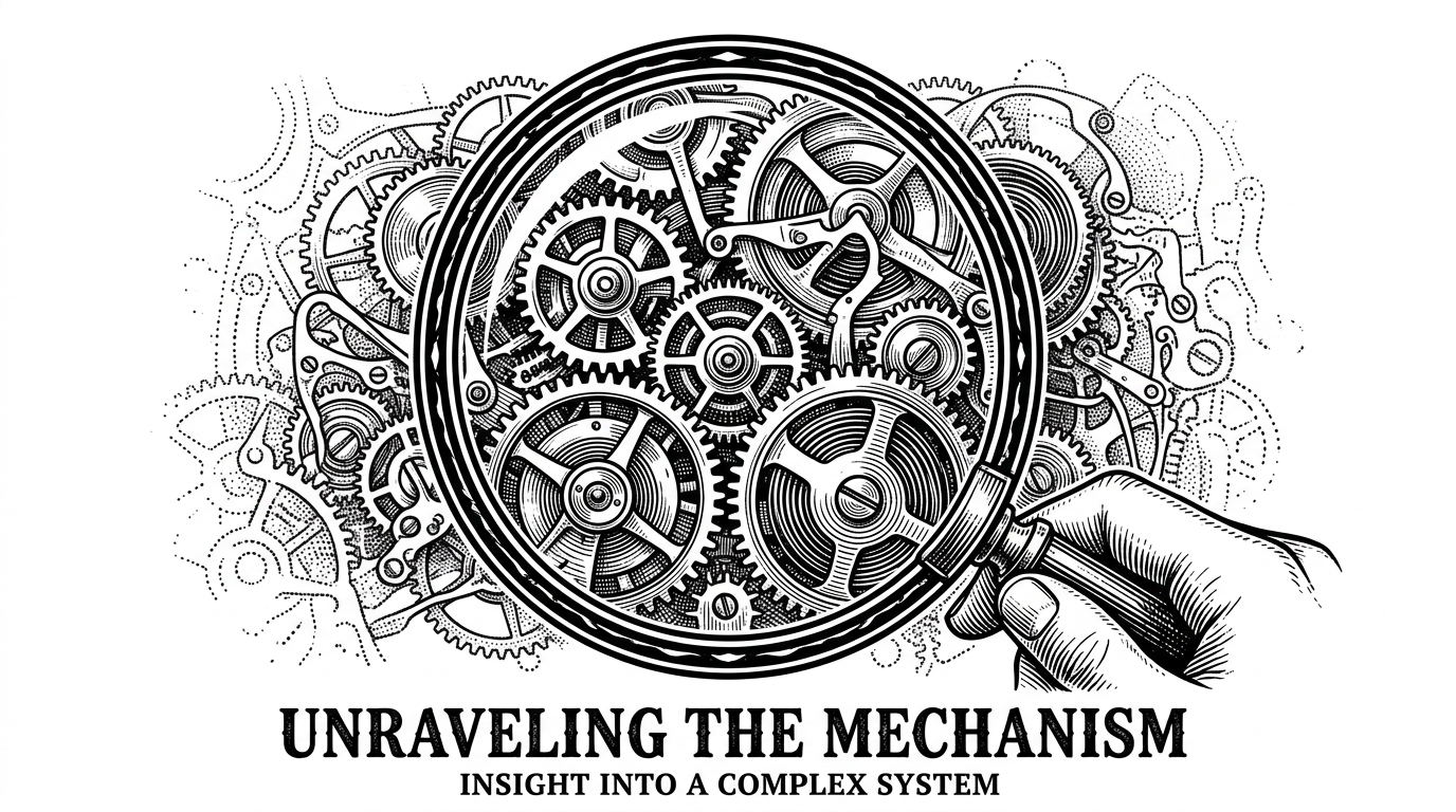 A heavy magnifying glass held over a complex clockwork mechanism. The gears under the glass are in sharp focus, while the rest fades into stippled abstraction. This illustrates the concept of isolating and observing micro-interactions within massive systems.