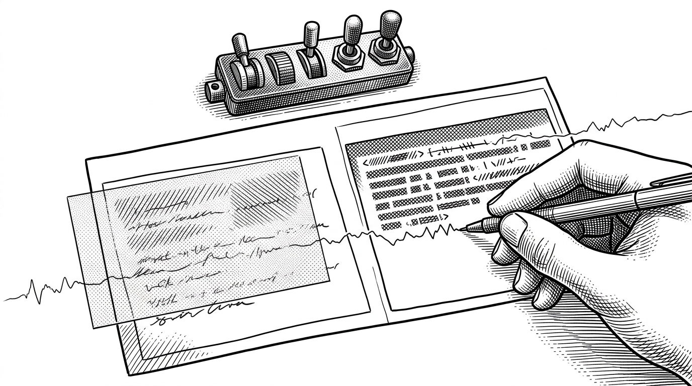 A close-up of an instruction-response training card on a white desk. The instruction half is muted under a masking stencil, the response half is sharply inked, and a thin loss line touches only the response tokens. A small sampler valve sits above it, indicating the next stage of token selection. It explains how Noodle turns instruction tuning into explicit parsing and masking rather than hidden training magic.