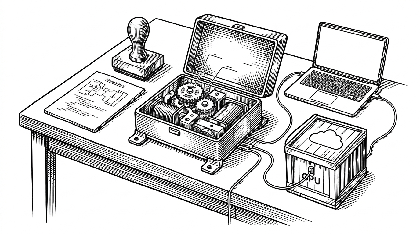 A workbench scene with a small transformer opened like a precision watch, surrounded by a Rust toolchain stamp, typed model schematics, a laptop, and a cloud GPU crate linked by a thin cable. It explains that Noodle treats an LLM as a legible system, not a mysterious black box.