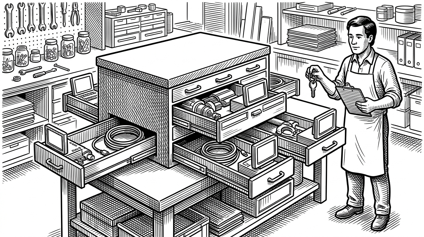 A master workbench feeds several smaller stations, each with its own tools and unfinished mechanism. The scene explains Swarm's core idea: one tracked repository, many isolated workspaces, and persistent sessions that can be reattached when needed.
