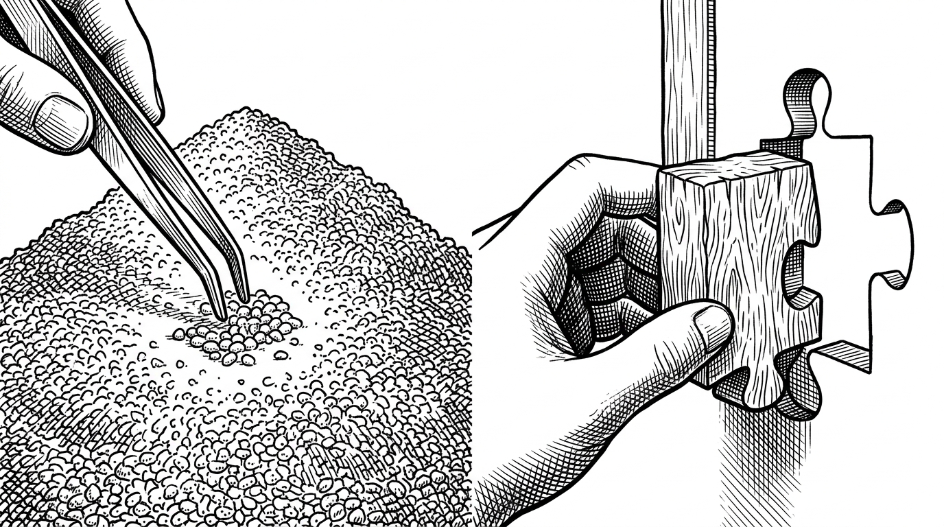 A split composition. The left side depicts a pair of tweezers trying to assemble a massive pile of identical sand grains. The right side depicts a hand smoothly slotting a distinct, carved wooden block into a matching cutout. This visualizes AST node merging versus entity-level merging.