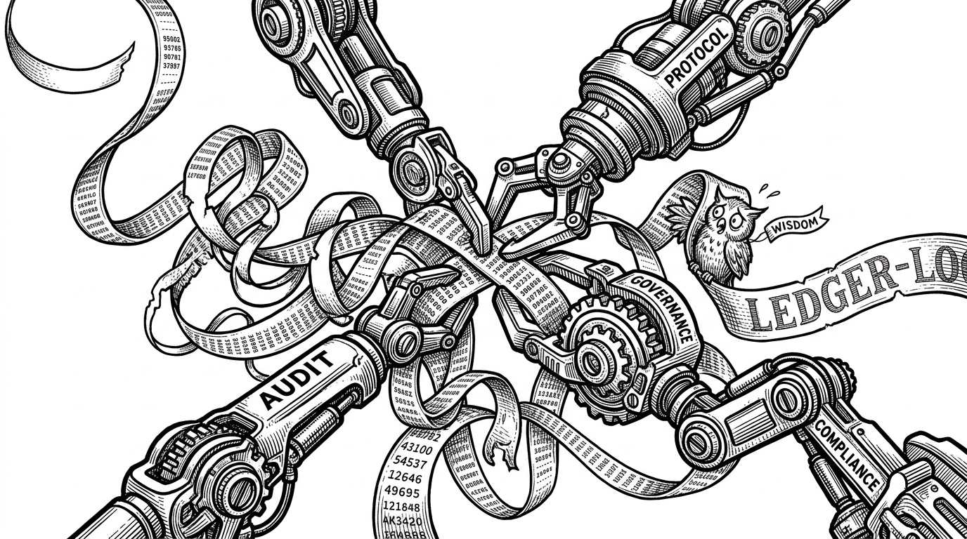 A chaotic intersection of physical paper tape getting tangled and jammed by multiple mechanical robotic arms trying to splice it simultaneously. This represents the friction of multi-agent concurrency on legacy line-based systems.
