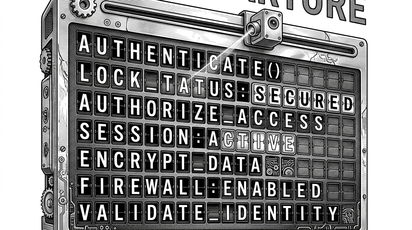 A close-up of a classic airport departure board, but instead of flight destinations, the flipping mechanical letter flaps spell out function names and lock statuses, with a mechanical sensor reading the board. This represents the MCP server and agent coordination state.