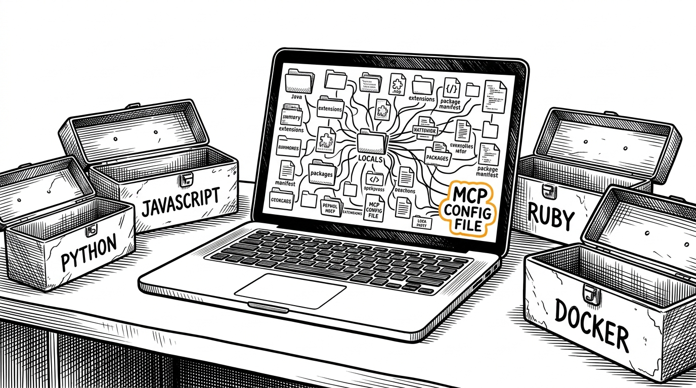 A developer laptop sits amid a clutter of folders, extensions, and package manifests, all drawn as a hand-inked inventory map. Thin lines connect scattered local files to small exposure markers, with one MCP config file emphasized as a distinct node. The scene explains that Bumblebee treats messy on-disk developer state as a security surface worth mapping.