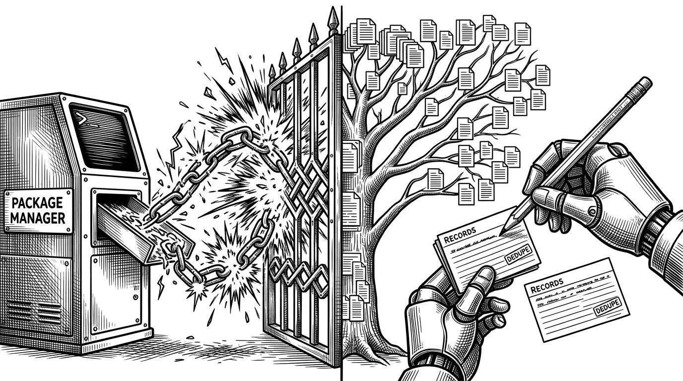 A split close-up shows two paths across a desk. On the left, a terminal sparks as if it is trying to execute package tooling, but a barrier blocks the reaction. On the right, a hand with a pencil traces a file tree on index cards while duplicate records collapse into a single stamped entry. The image explains Bumblebee's read-only approach and its deduping logic.
