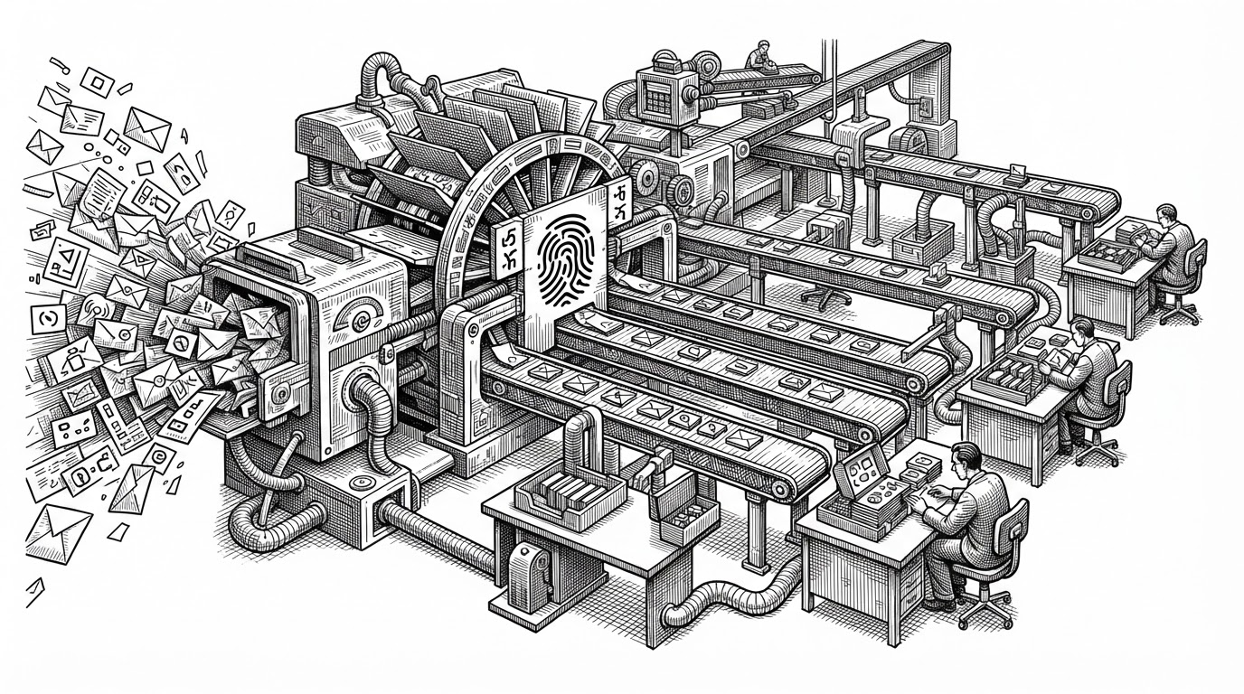A packet sorting system routes stacked envelopes through a hashing gate into separate worker lanes, while one lane keeps both directions of a flow together at a single inspection desk. The visual explains that the engine treats deep packet inspection as a routing problem first and a parsing problem second.