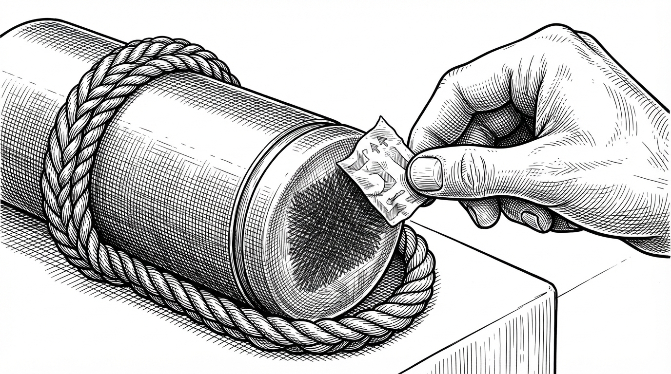 A close-up of a steel capsule wrapped in a hash seal, with a spoofable label floating nearby and a malicious hand trying to swap it without opening the capsule. The image explains why the encrypted blob itself becomes the idempotency key.