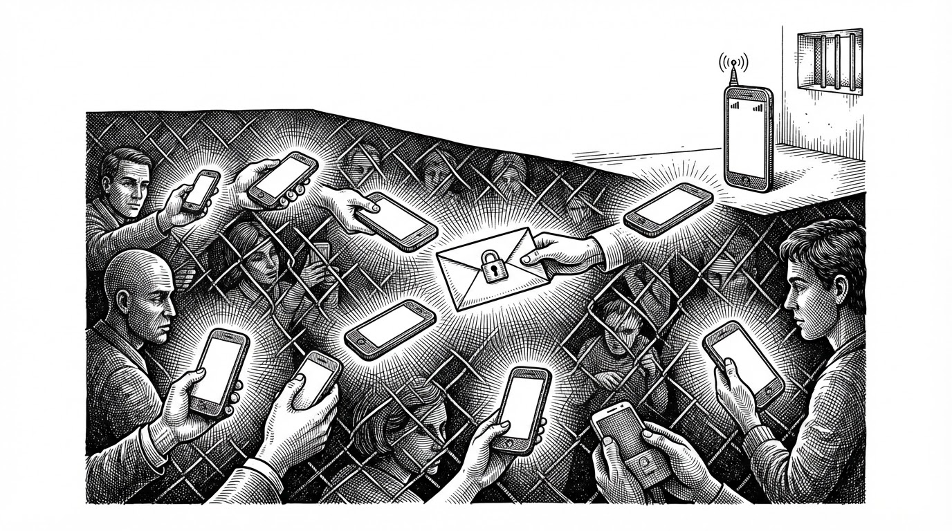 A chain of phones passes a sealed packet through a dim offline corridor, while one phone at the far end shows a live signal and acts as the bridge node. The image explains the core idea that payment data can move through untrusted relays and still reach the server later.