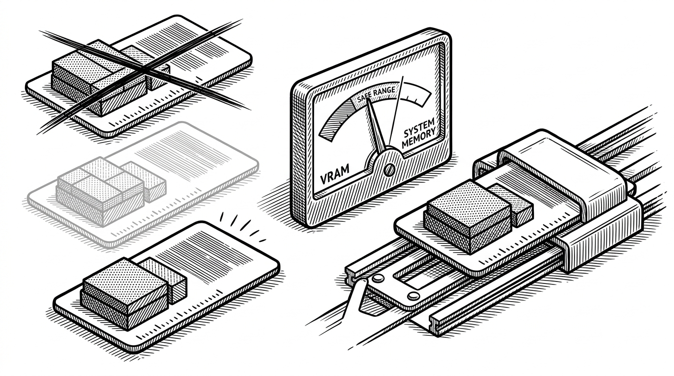 A close-up black-ink illustration of three model cards arranged beside a memory gauge. One card is crossed out, one is dimmed, and one is highlighted as the best fit. The image explains how Odysseus uses hardware awareness to rank models and choose one that matches available VRAM.