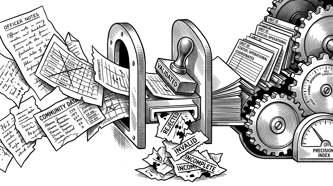 A close-up scene shows messy handwritten officer notes, spreadsheet fragments, and loose data cards entering a validation gate, then emerging as clean labeled data feeding a combat engine. The image explains how declarative LCARS data and validation turn community knowledge into machine-readable game logic.