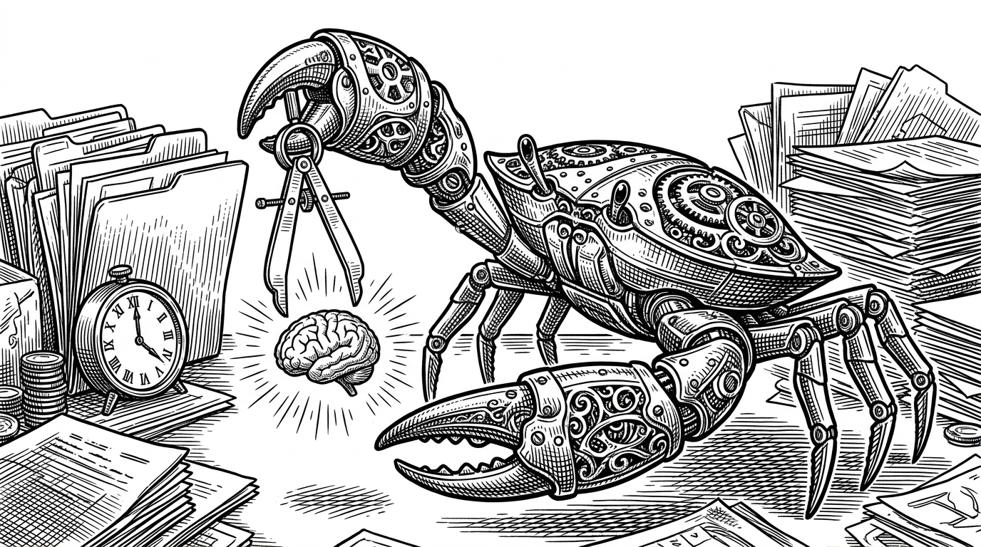 A mechanical crab using calipers to carefully place a glowing artificial brain into a chaotic, paper-strewn office desk environment.