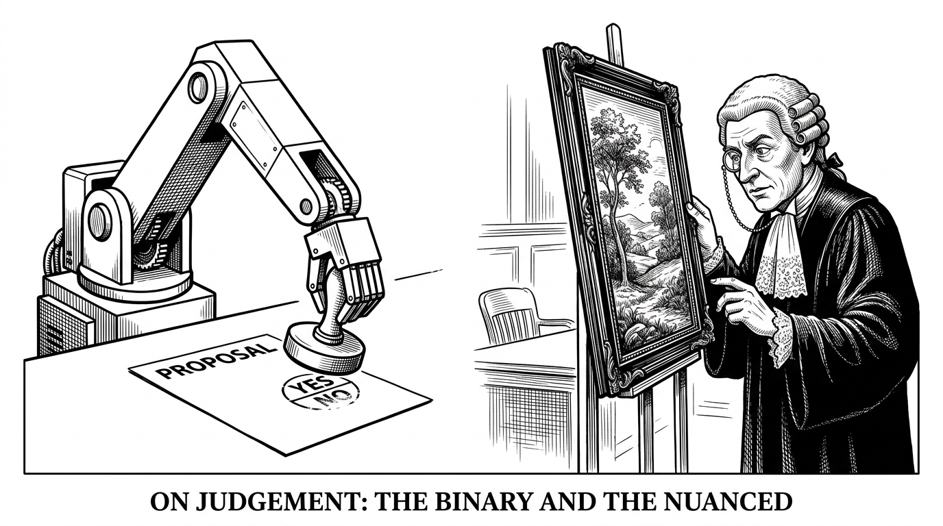 A split-screen illustration showing a robotic arm stamping a document next to a Victorian judge inspecting a painting with a monocle.