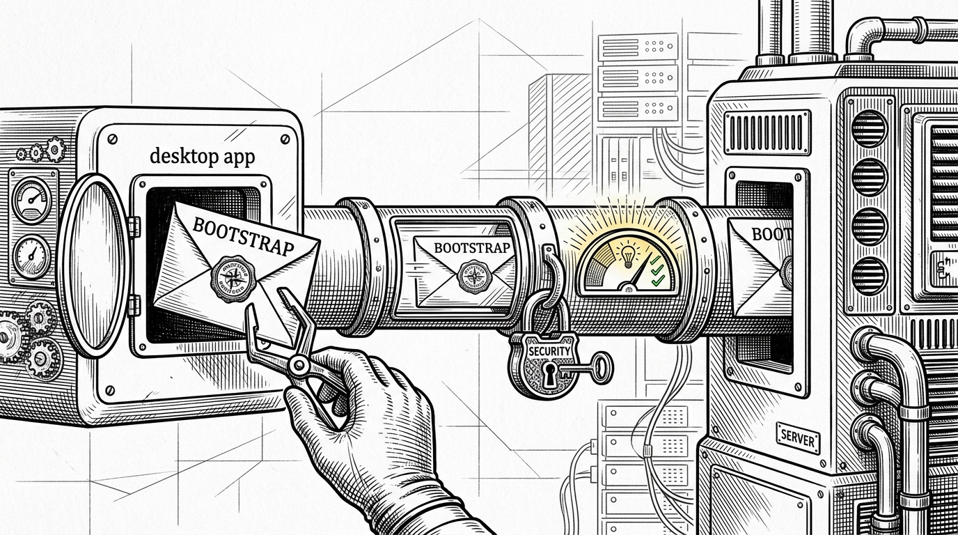A sealed conduit carries a bootstrap envelope from one process chamber to another, with a readiness gauge lighting up only after the transfer succeeds. The image explains how T3 Code hands off sensitive startup state through a narrow, controlled path instead of broad process arguments.