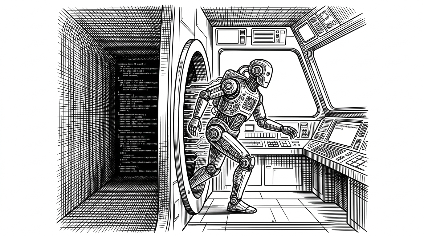 A terminal-born process stepping into a desktop control room with panels, gauges, and a secure handoff path. The scene explains that T3 Code gives CLI agents a visible body and a supervised lifecycle instead of just another chat window.