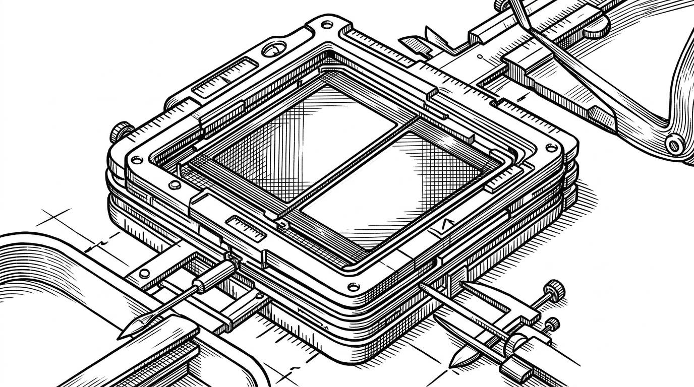 A close-up cutaway shows a video frame split into two aligned panes, one for color and one for alpha, both nested inside a compact binary container. Small engraving tools and ruler marks emphasize precision. The image explains how packed transparency and format inspection make polished interactive motion feasible.