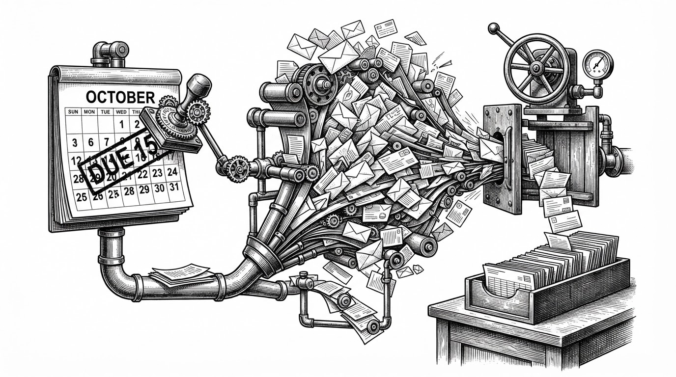 A close-up engineering illustration shows a recurring transaction moving through a three-stage relay. A calendar stamp marks the item due, the work splits into many envelopes, and a narrow gate with a throttle valve regulates how many are processed at once before they land in a tidy ledger. The scene explains fan-out, throttling, and resumability.