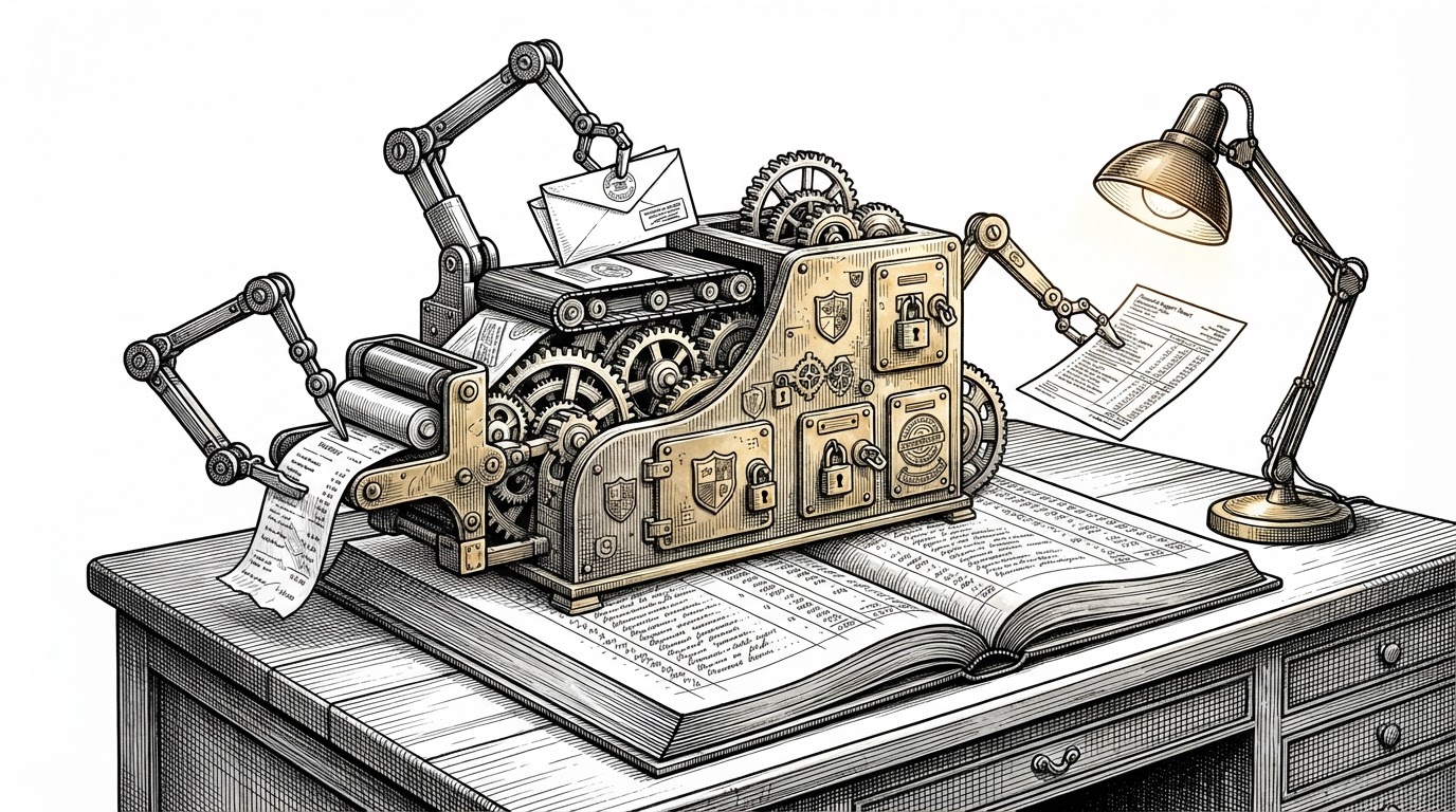 A wide editorial scene shows a finance control room built around an open ledger that has become a clockwork machine. Receipts, recurring payments, reports, shields, and transaction seals flow into different mechanical arms, explaining that the app is really an automation system rather than a static dashboard.