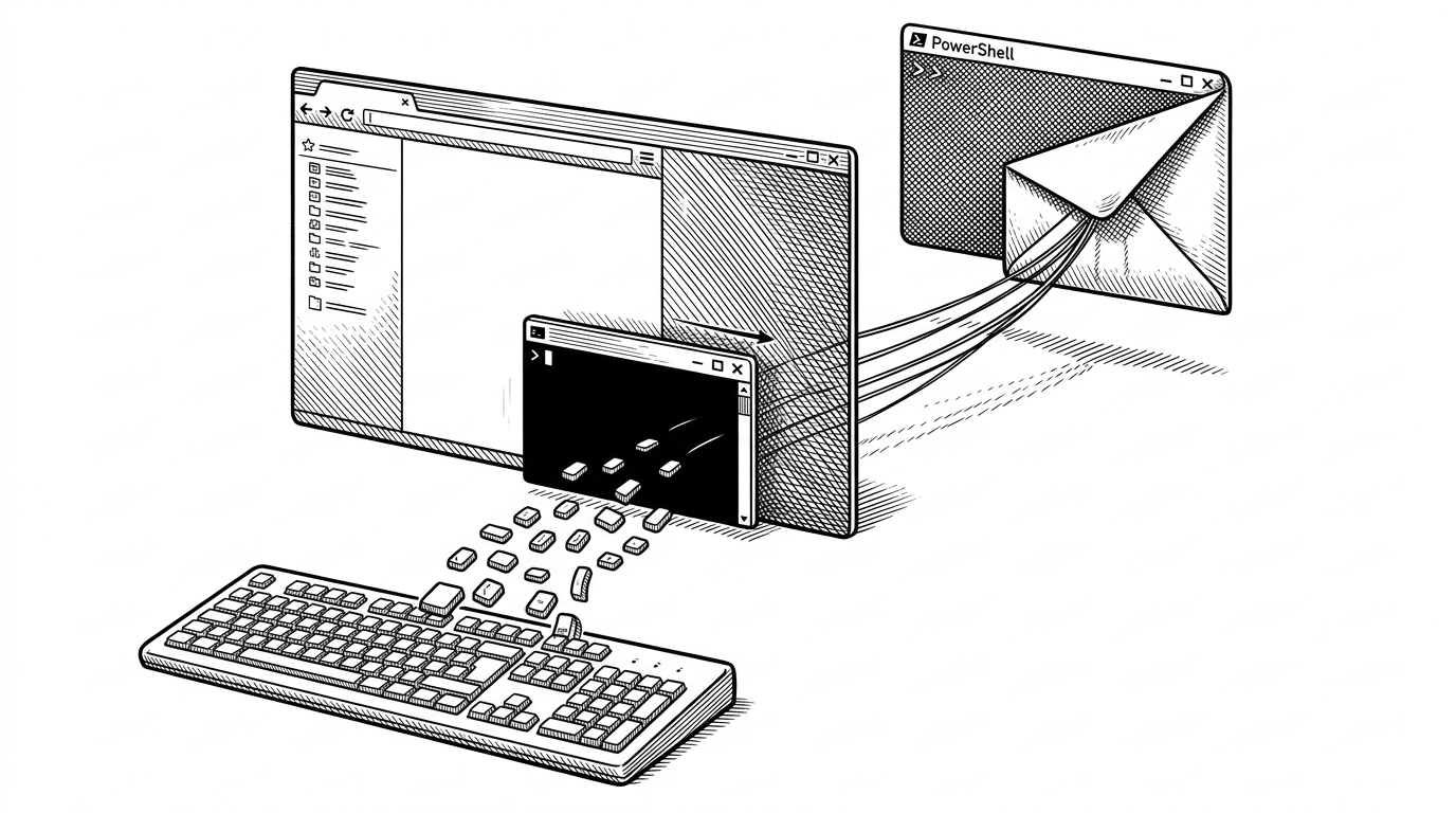 A wide editorial scene of a Windows desktop layered like a machine. Keystrokes rise from a keyboard as small tokens, a console window is tucked behind the desktop pane, and a sealed envelope forms from a PowerShell window in the background. It explains how the repo captures input, hides its presence, and borrows native tools to move the data out.