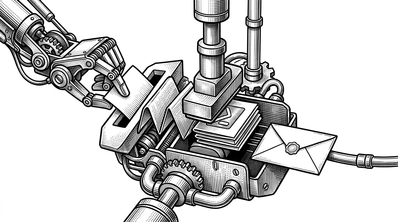 A close-up mechanical scene showing a C++ process handing a script string into a narrow PowerShell channel, which then passes a mail envelope into an SMTP path. It explains how the repository outsources delivery to native Windows tooling instead of shipping a heavier network implementation.