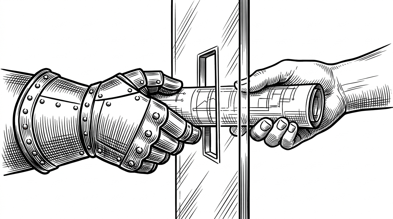 Two hands pass a blueprint through a narrow slot in a thick glass pane. One hand wears a heavy metal gauntlet, the other is unprotected.