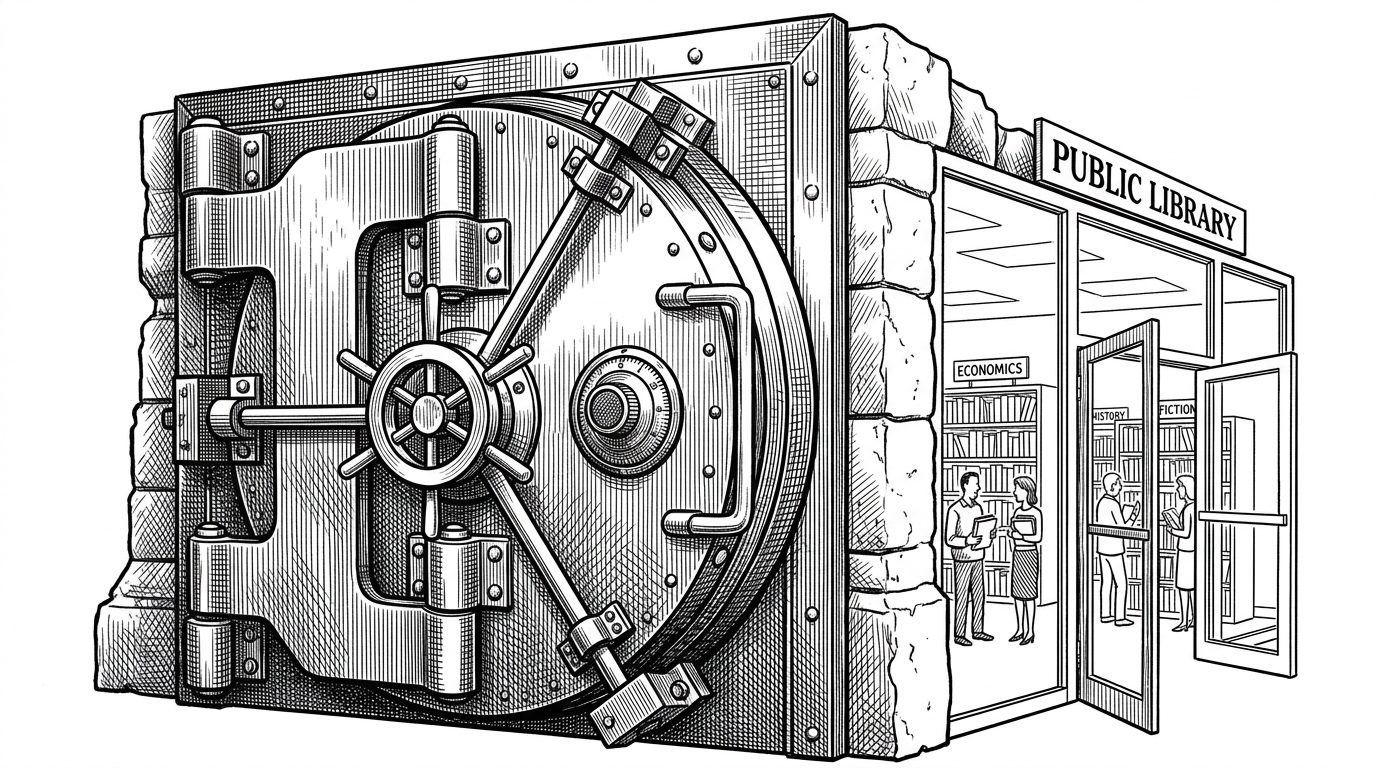 A massive steel vault door attached to a bright, glass-walled public library, symbolizing the closed core and open documentation.