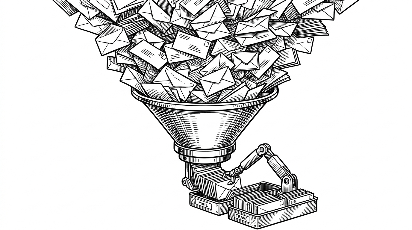 A massive avalanche of envelopes falling into a mechanical funnel, being sorted into neat metal trays by a robotic arm. This represents the repository turning chaotic community bug reports into structured data.