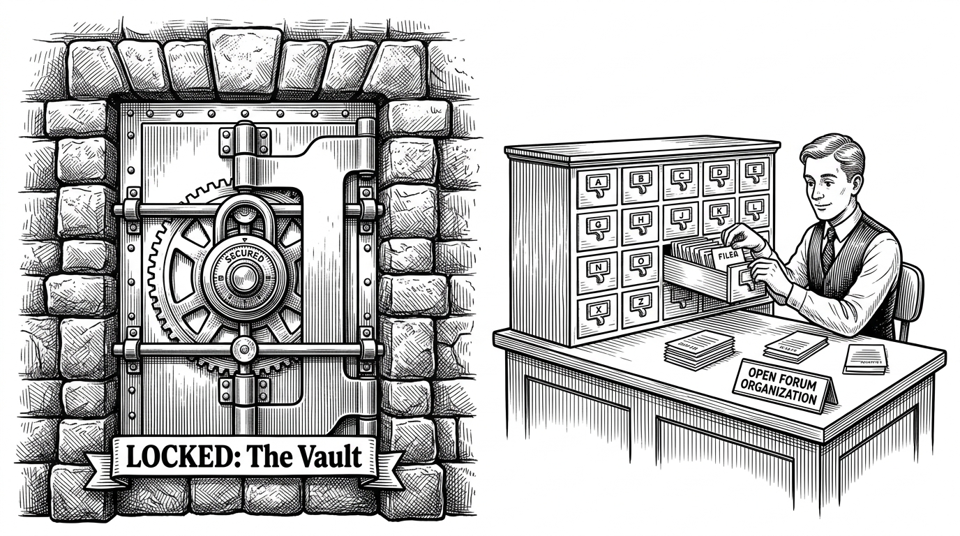 A giant stone vault with a heavy steel door next to a welcoming wooden reception desk where a clerk files incoming paper slips. This illustrates the open intake valve for a closed-source core project.