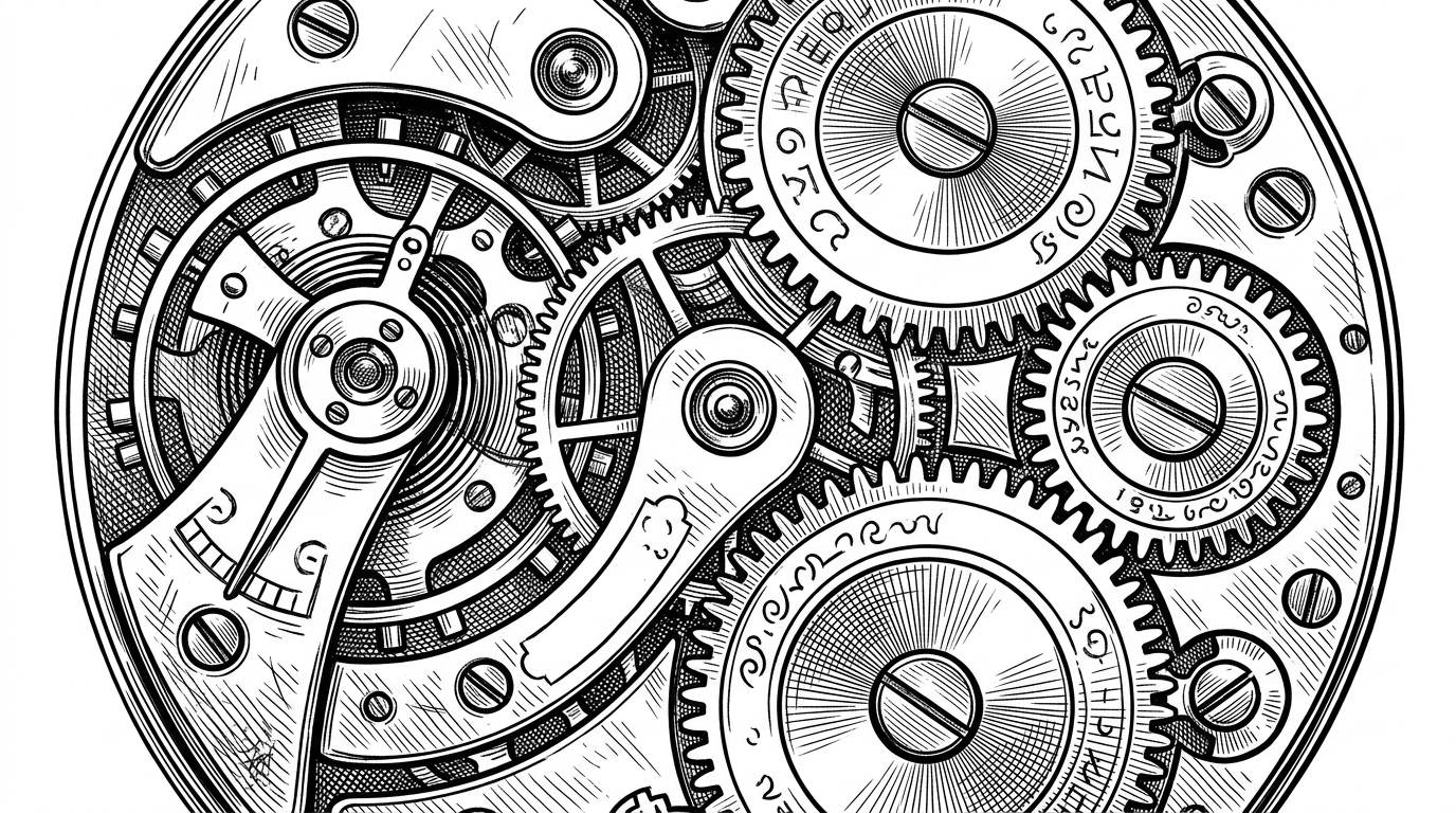 A close-up of a complex clockwork mechanism. The gears fit together perfectly and turn smoothly, but the engraved labels on the gears are blank or filled with nonsensical symbols. A metaphor for an obfuscated but perfectly functional decompiled codebase.