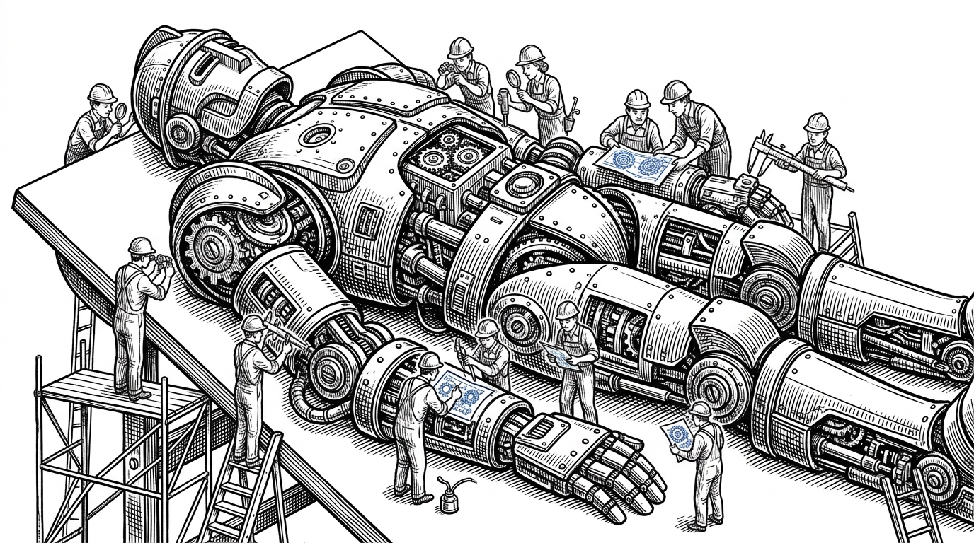A giant, complex mechanical soldier lying on a massive drafting table, being carefully inspected and reassembled by tiny engineers using magnifying glasses and calipers. This represents the monumental effort of reverse-engineering and mapping a massive AAA game engine.