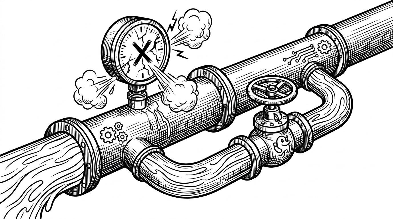 An industrial pipe system with a smaller bypass channel routing fluid around a broken, leaking main pressure gauge.