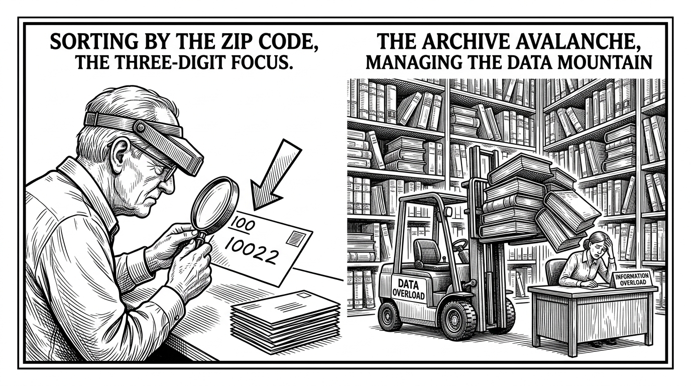 A split composition showing a postal worker checking the first three digits of a zip code on the left, and a forklift dumping a massive library of heavy ledgers onto a single desk on the right.