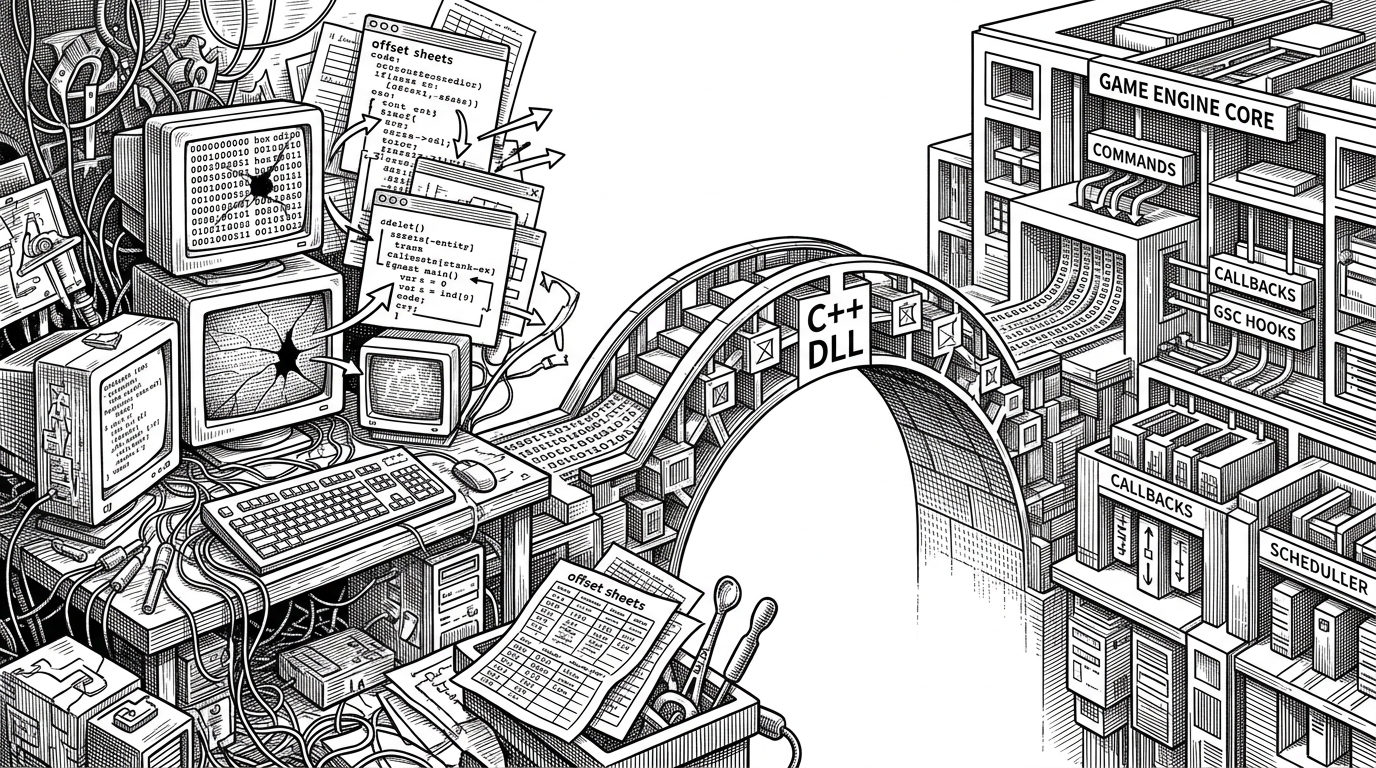 A wide black-ink illustration shows a messy modding bench on the left and a tidy plugin stack on the right. It explains how Plutonium turns brittle game hacking into a structured SDK with clear runtime paths.