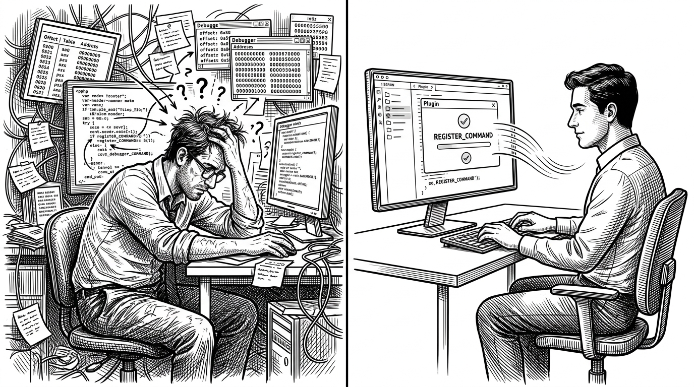A split black-ink illustration shows an exhausted modder under offset tables on the left and a calm developer registering one clean command on the right. It makes the workflow contrast immediate: brittle reverse engineering versus a structured SDK.