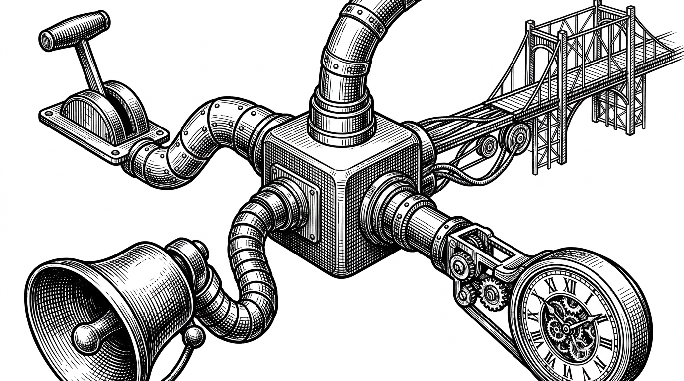 A close black-ink illustration shows one central plugin core sending four distinct lines into separate runtime services. It explains how `dllmain.cpp` acts like a control center for commands, GSC, callbacks, and scheduled tasks.