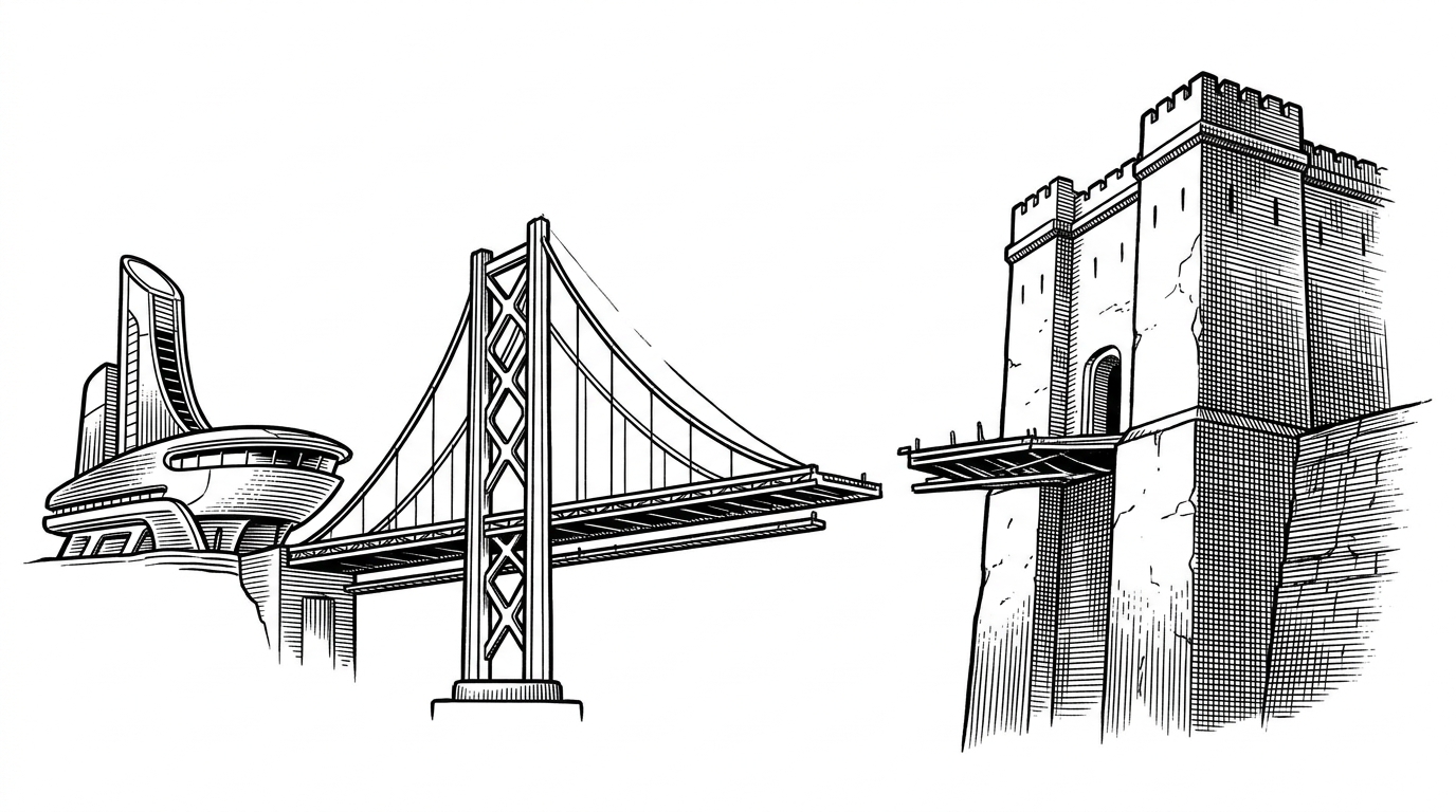 A modern steel suspension bridge connecting a futuristic laboratory to a weathered stone fortress, representing the SDK bridging modern C++ with an old game engine.