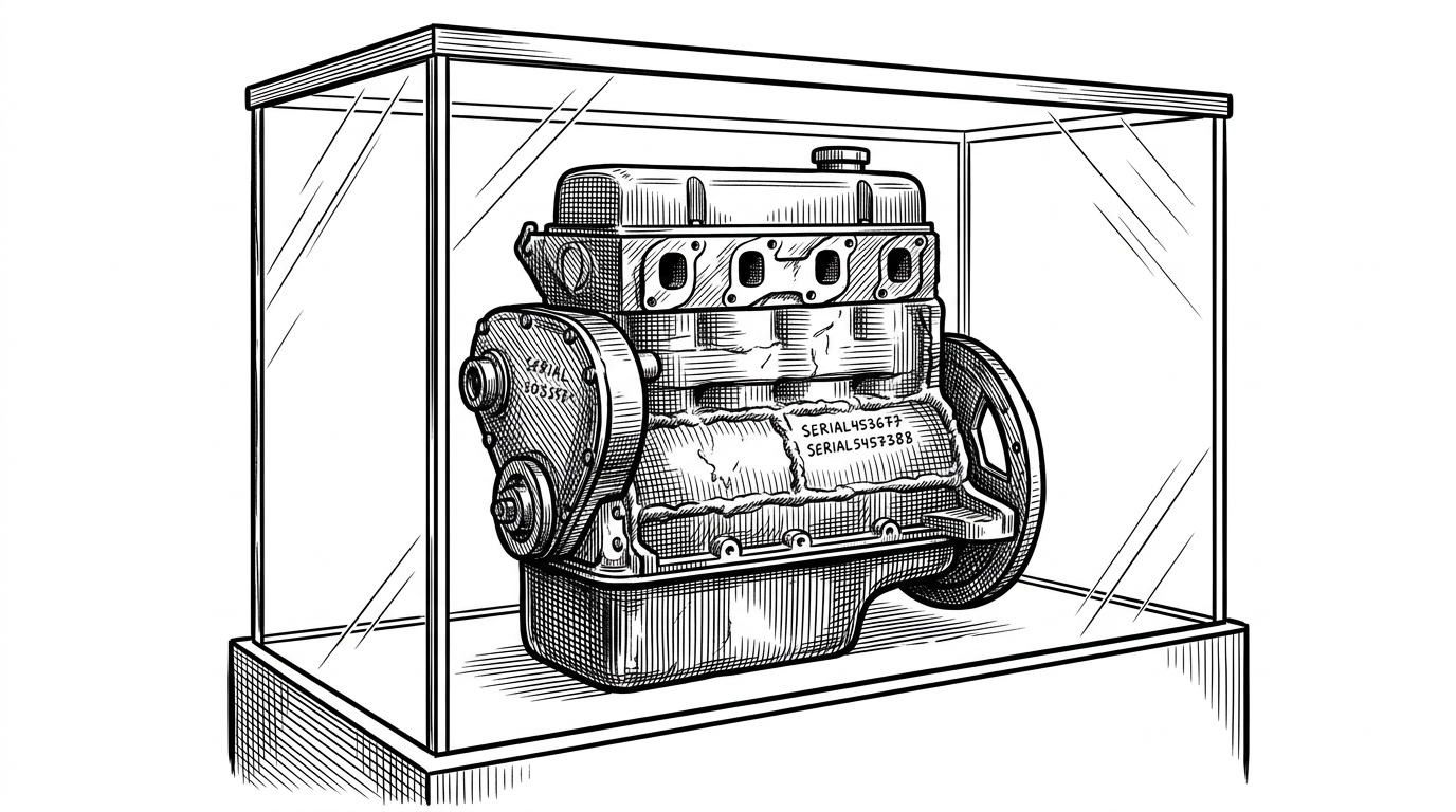 A sleek, modern glass display case housed in a museum. Inside the case sits a heavy, raw iron internal combustion engine with rough weld marks and visible handwritten serial numbers.