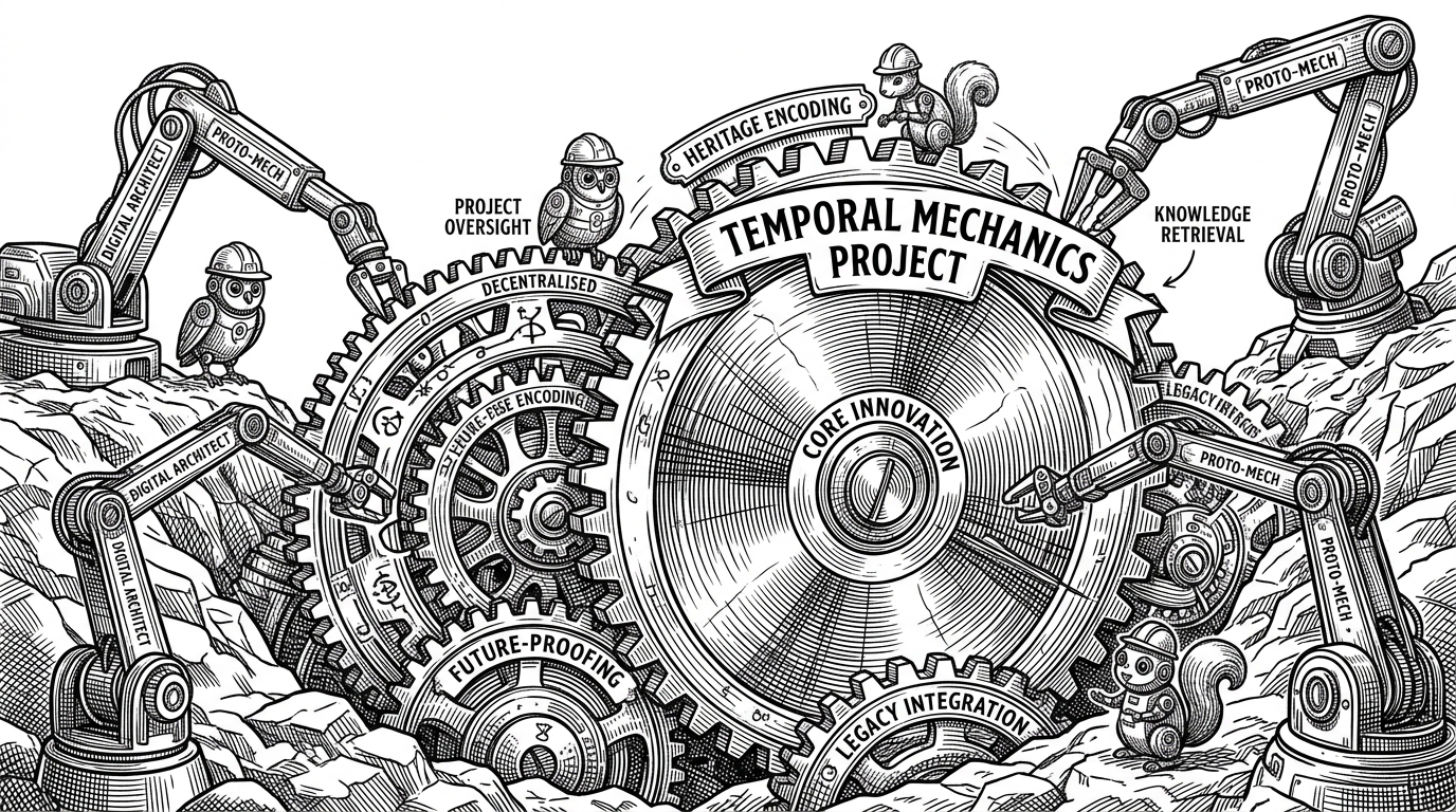 A massive, intricate clockwork mechanism partially buried in the ground, being carefully excavated by robotic arms. The gears are perfectly preserved and still spinning, representing digital archaeology and high-performance legacy code.